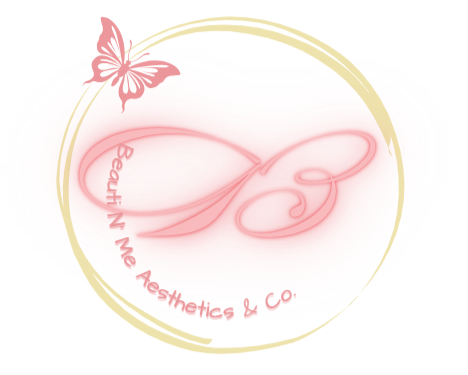 Logo of 'Beautiful Me Aesthetics & Co.' with a pink infinity symbol and butterfly on a white background and curved corners.